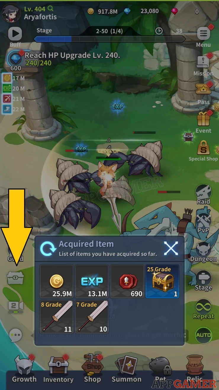 Repeat Mode lets you farm on an easier stage in order to get resources. You can tap on the chest icon to see how much rewards you have farmed so far.