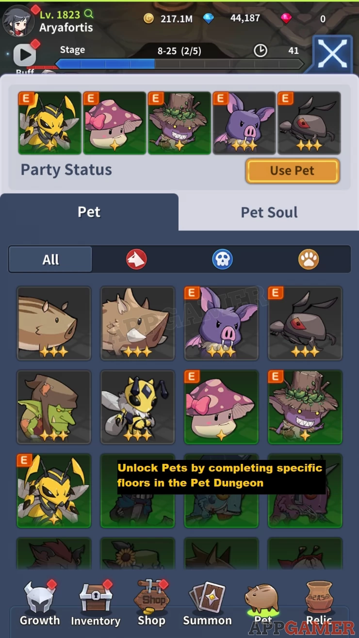 Add Pets to your team in order for them to join you in battle. Pets can provide you with bonus buffs that will help you out with your battles
