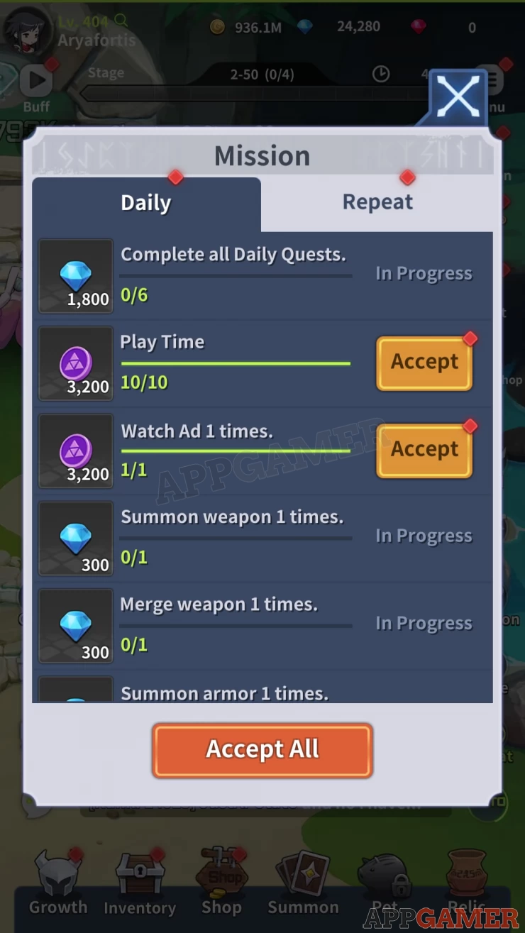 Check the Missions button on the upper-right side of your screen to view activities you can do daily and repeatedly for rewards