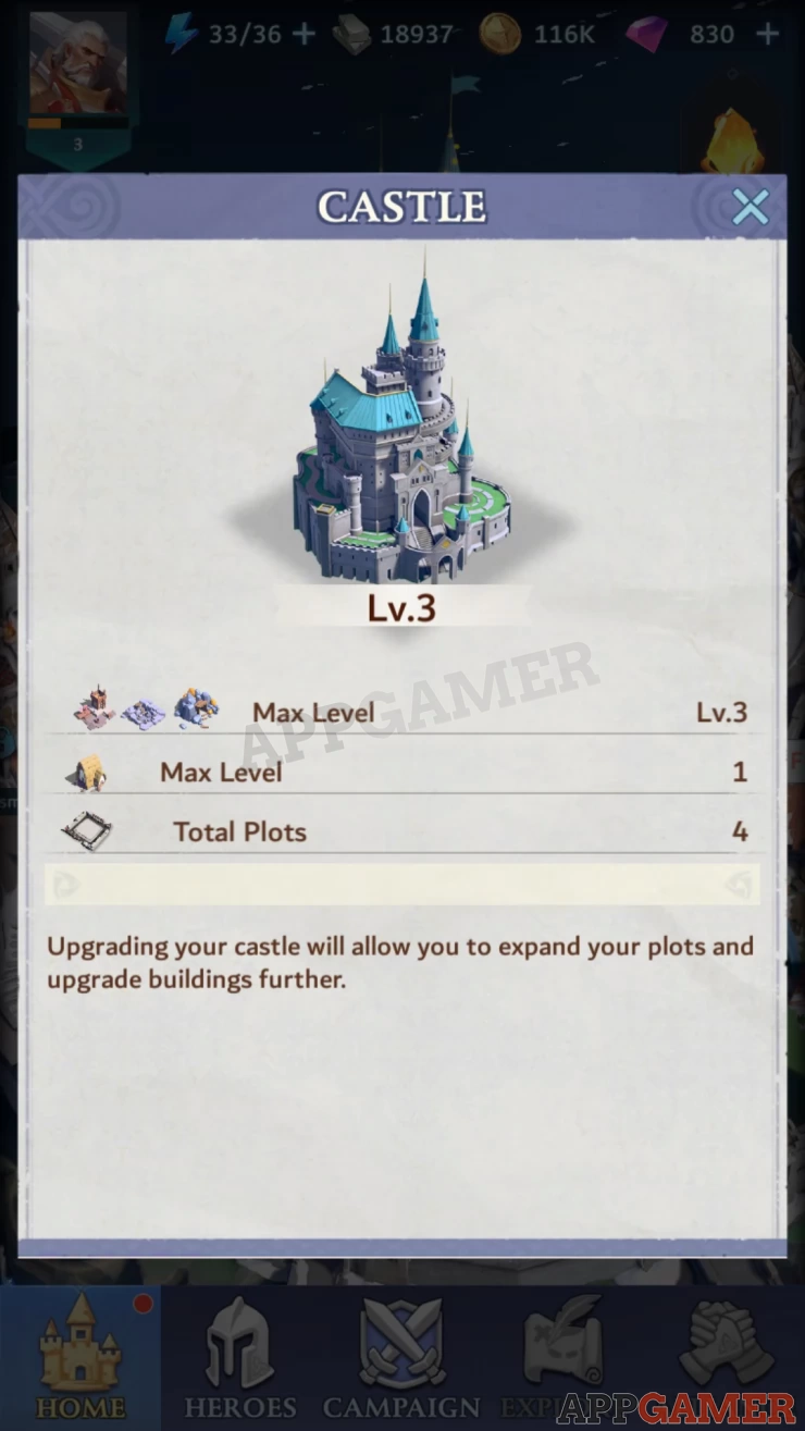 Upgrade your Castle in order to improve your other facilities
