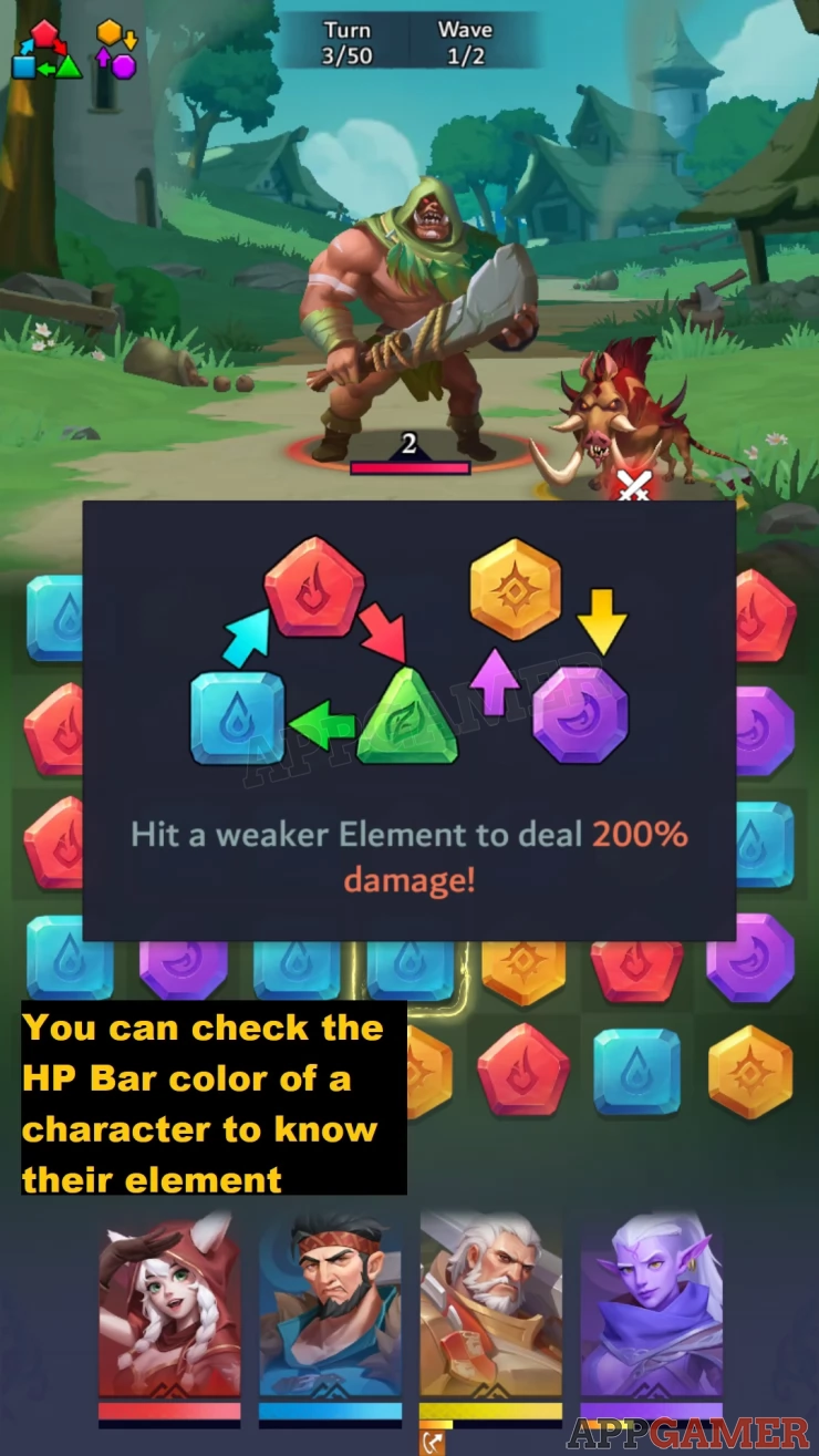 Hitting enemies with a hero that has a stronger element will provide you with 200% bonus damage.