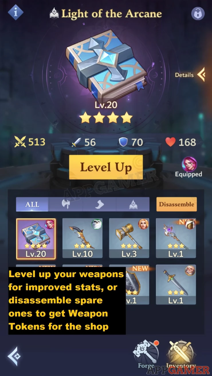 Level up and Disassemble weapons in your inventory