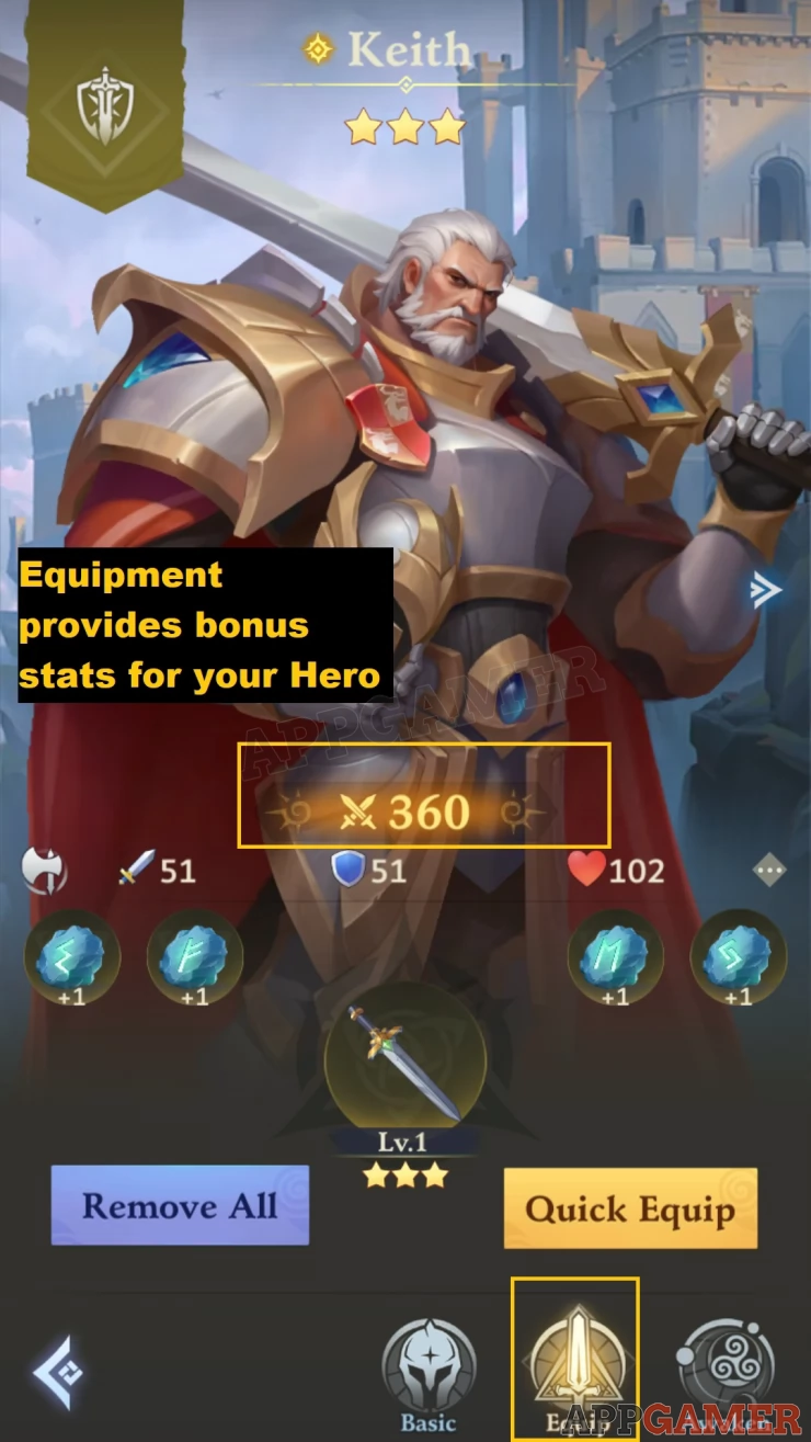 Equipment refers to the Weapons and Runes your hero can use