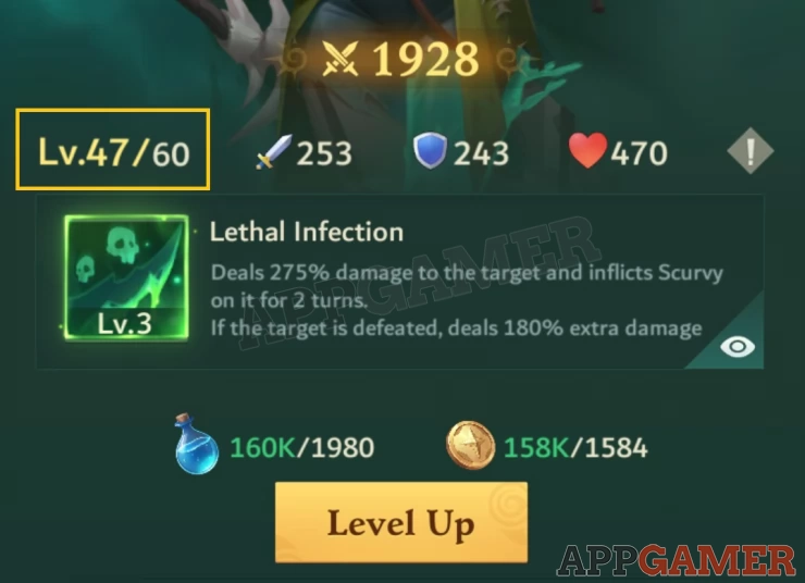 Level up your Heroes using Gold and Exp Potions to increase their stats