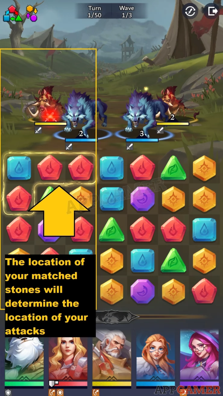Match 3 or more Naya Stones in order to attack enemies