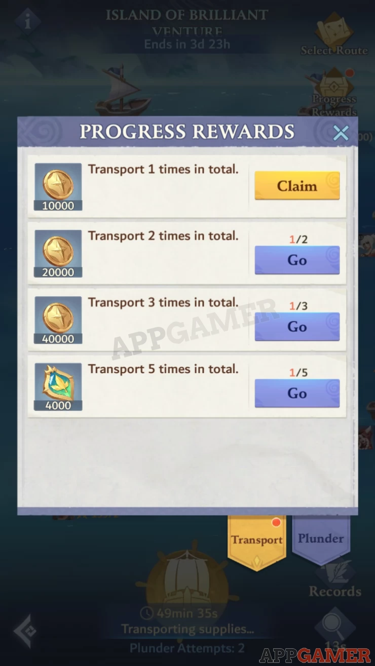 Claim Rewards based on your transporting and plundering