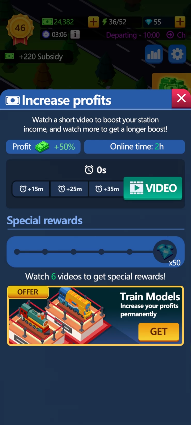 Watch Ads for free in-game cash and boosts