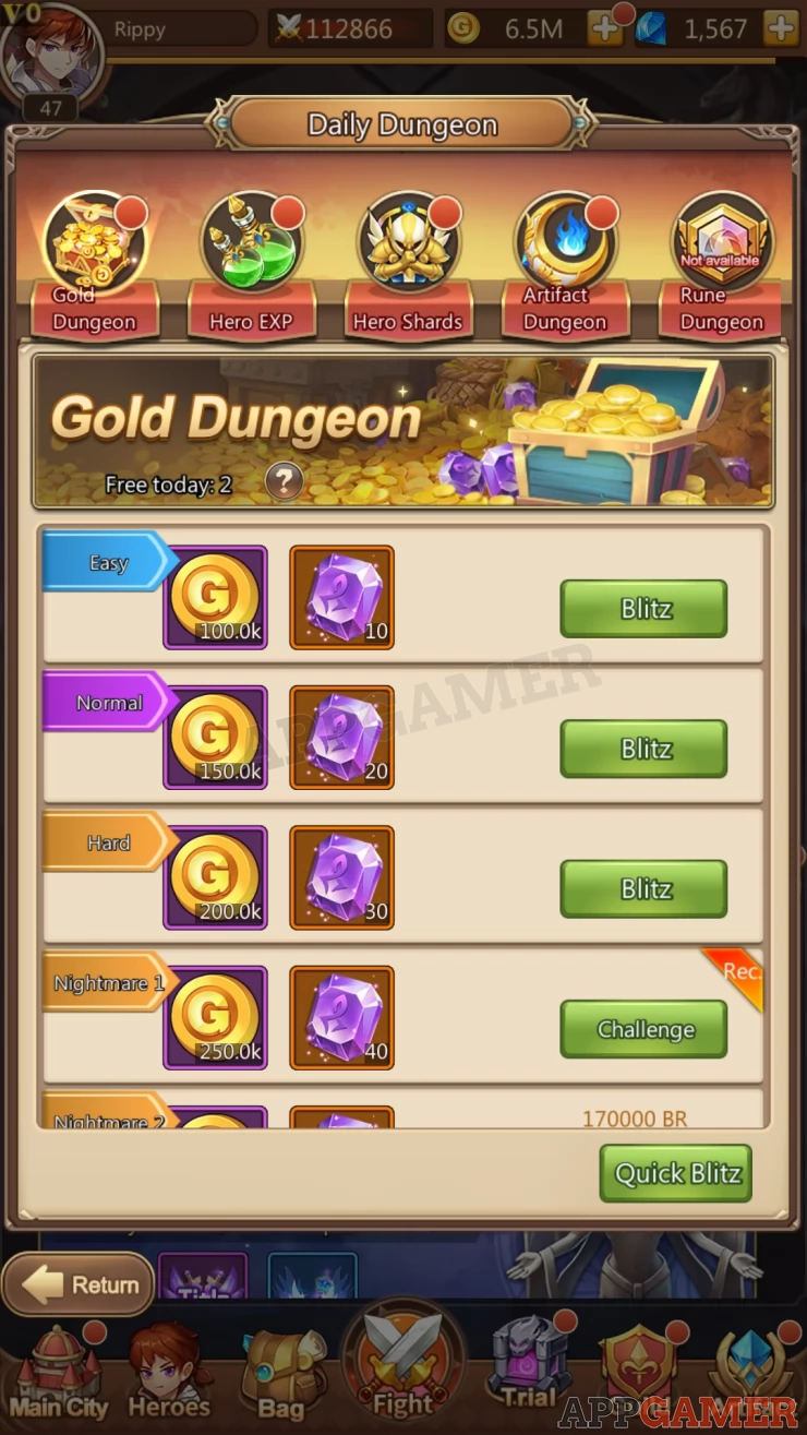 Challenge and Blitz though different types of dungeons each day for resources