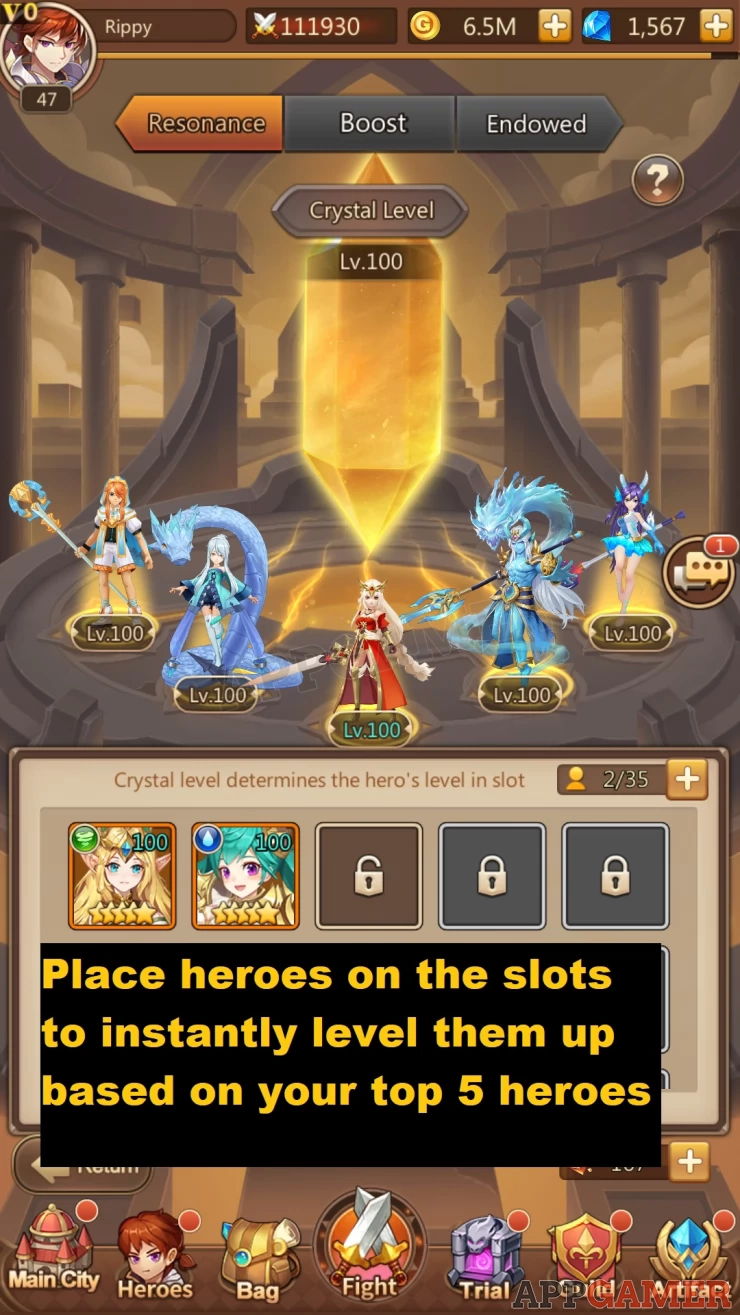Use the Force Crystal in order to help boost the levels of your other heroes without using resources