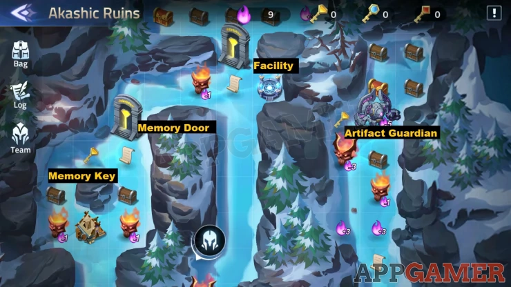 Unlock Memory Doors by getting keys of the same color. Use facilities to heal your allies, etc. Your main goal is to get all rewards and defeat the Artifact Guardian