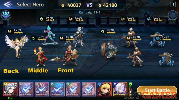 Position up to 5 heroes to either the Front, Middle, or Back row