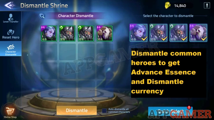 Dismantle Common Heroes in order to get resources