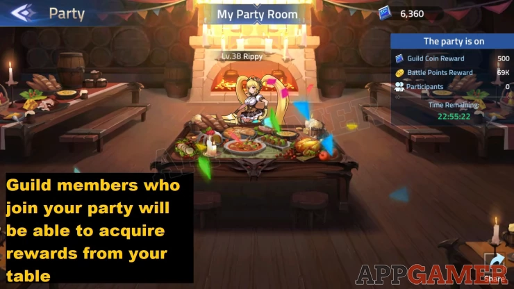 Host a Guild Party by collecting all required dishes on the table, you can get dishes daily for free, and you can ask help from guild members as well