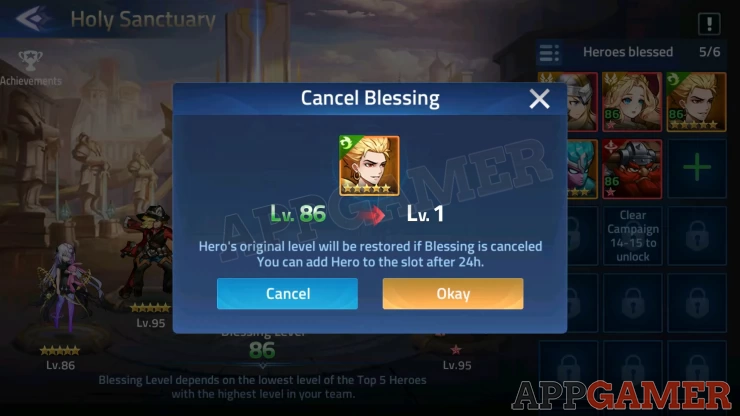 Canceling a blessing will incur a 24 hour wait timer before you can use the slot again for your next hero