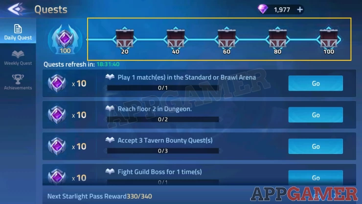 Complete 100 activity points daily and weekly to acquire the chests with rewards