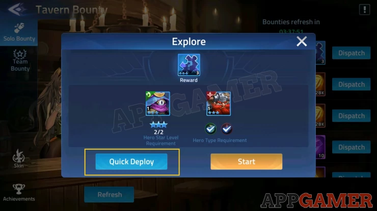 Tap on Quick Deploy to automatically choose heroes that meet the requirements