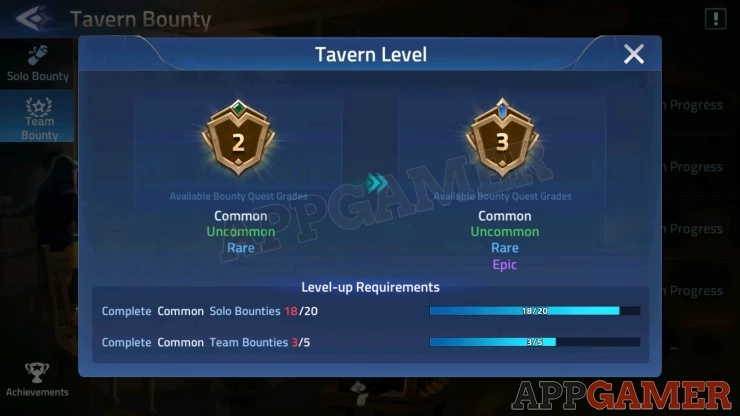 Complete the number of required bounties to increase your tavern level and get better quests