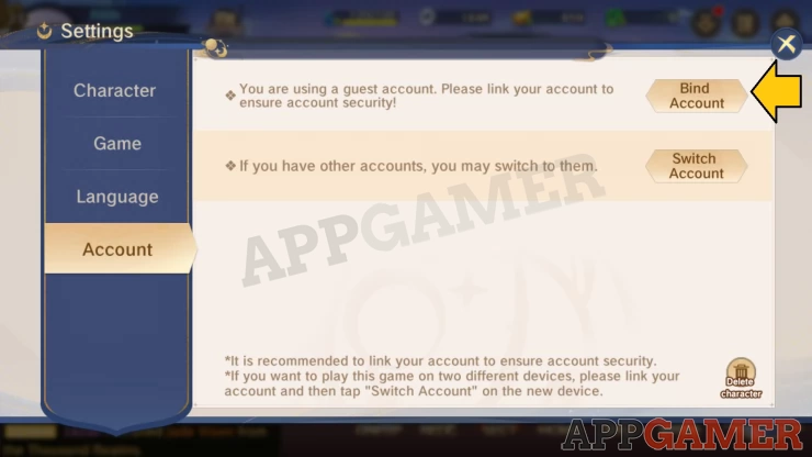 Step 2: Tap on the Account button and then Bind Account