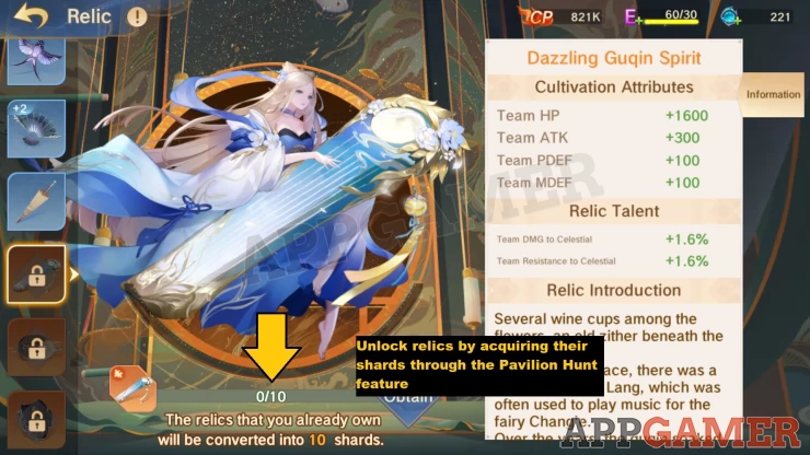 Relics let you unlock Spirits in order to provide stat bonuses to your team