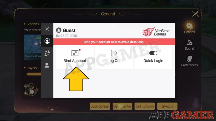 Step 3: Bind your Account with the options that are available. You can use this account to log in the future, or if you change devices