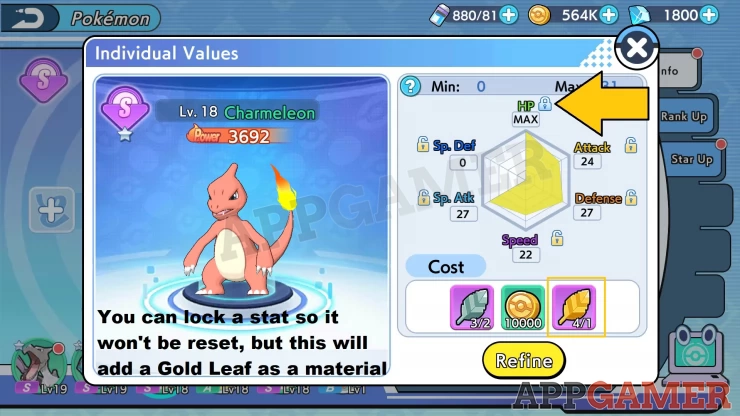 Lock maxed out stats so you don't lose them after refining