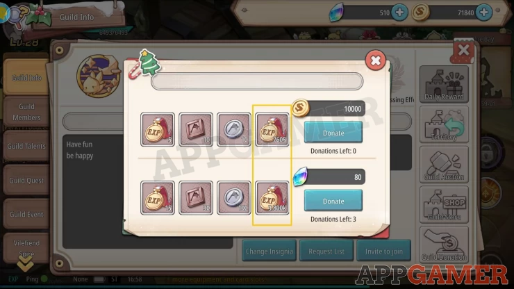 You can donate Gold or Prism Gems in your Guild for Adventure EXP