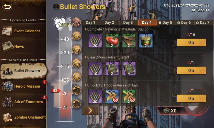 Complete the tasks every day to get more bullets to use on the zombies on the skyscraper