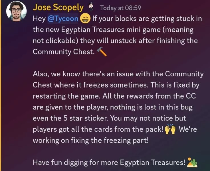 Message from Jose Scopely in the Monopoly GO Discord