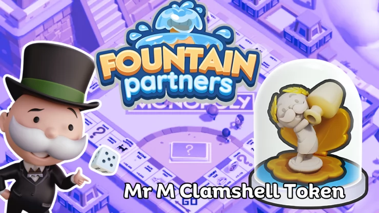 Mr M Throwing a dice, the Fountain Partners event logo and an image of the Clamshell token which depicts Mr M in a Clamshell