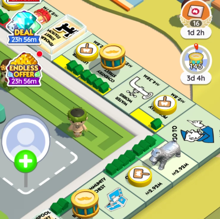 Screenshot of Monopoly Go Board to show pickup tokens on tiles that need to be landed on