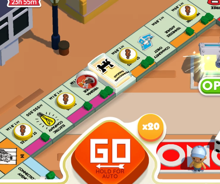 Screenshot of Monopoly Go Board zoomed in to show tokens on tiles that need to be landed on