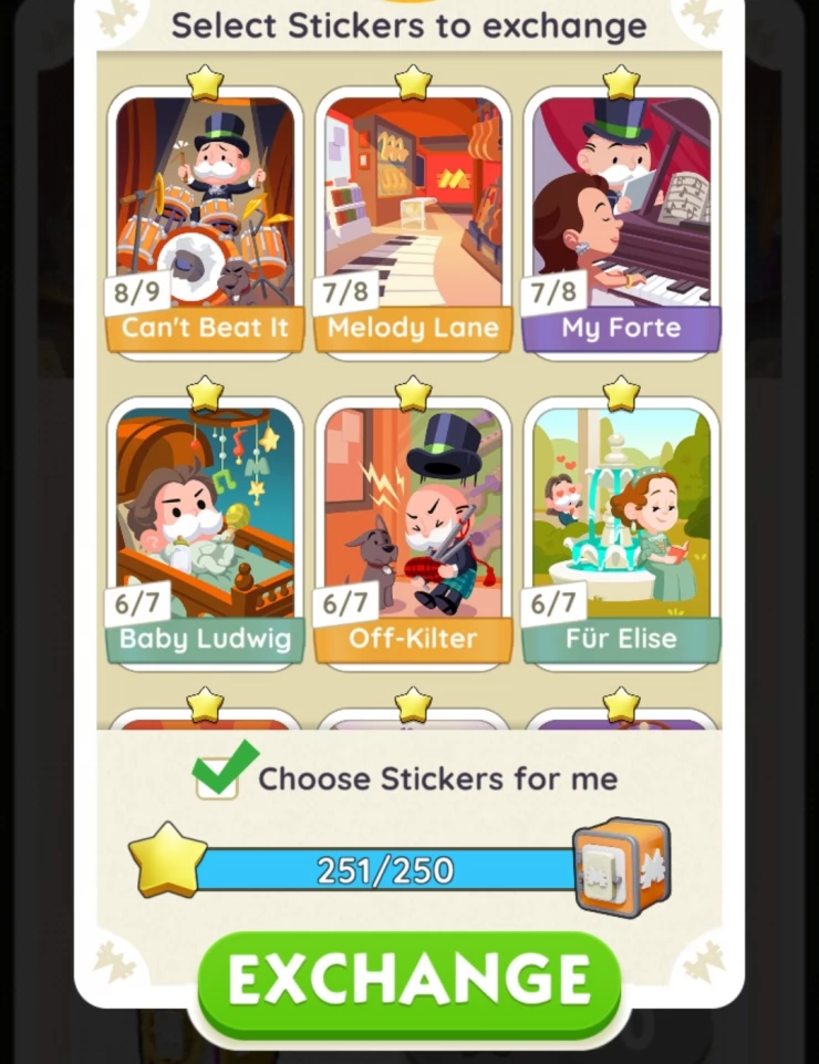 Monopoly Go screenshot showing various stickers that can be selected to exchange for a vault