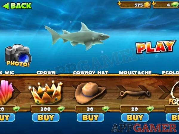 Spend Gold to give your shark helpful items