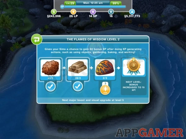 Each monument is upgraded using resources that are collected by regular tasks and actions by the Sims.  Each increase in minument level can add a new element to the game.